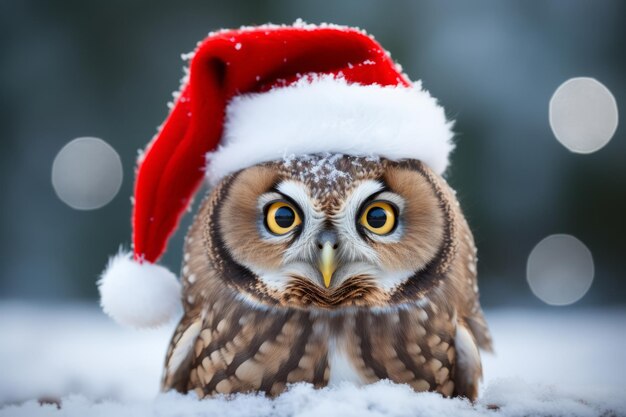 Photo cute little festive owl wearing a father christmas santa hat