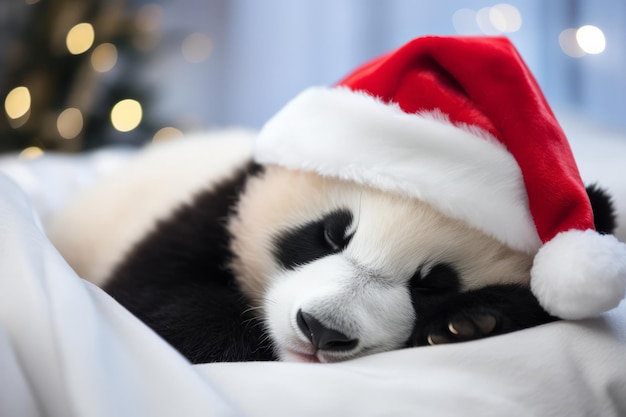 Cute little festive panda wearing a father christmas santa hat