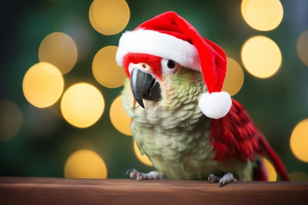 Cute little festive parrot wearing a father christmas santa hat