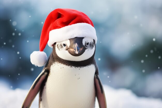 Foto simpatico piccolo pinguino festivo che indossa un cappello da babbo natale