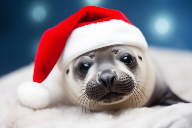 Foto simpatico piccolo sigillo festivo che indossa un cappello da babbo natale