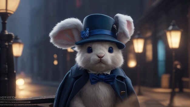 Cute Little Fluffy Bunny Cub Dressed Up as Sherlock Holmes