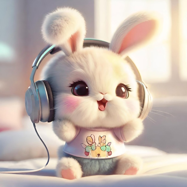 Cute little fluffy bunny wearing headphones Adorable bunny listening to music