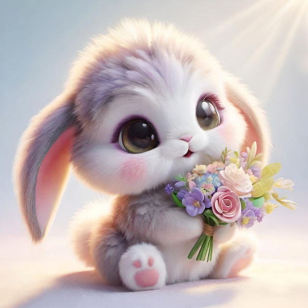 Cute little fluffy bunny with a bouquet of flowers Adorable bunny holding flowers