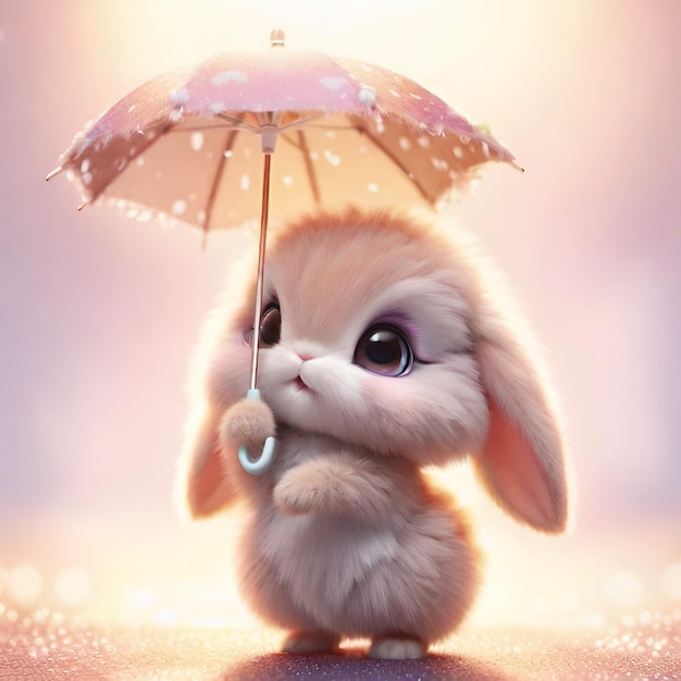 Cute little fluffy bunny with umbrella Adorable bunny during a rainy day