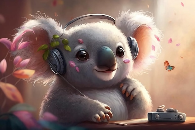 Photo cute little fluffy cartoon koala listening to music with headphones on