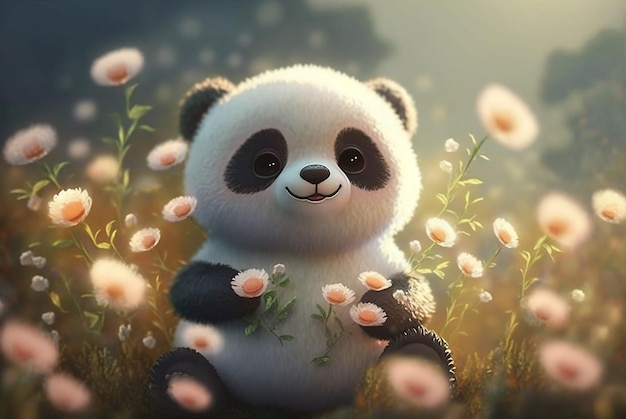 Cute little fluffy cartoon panda bear sitting in flowers meadow