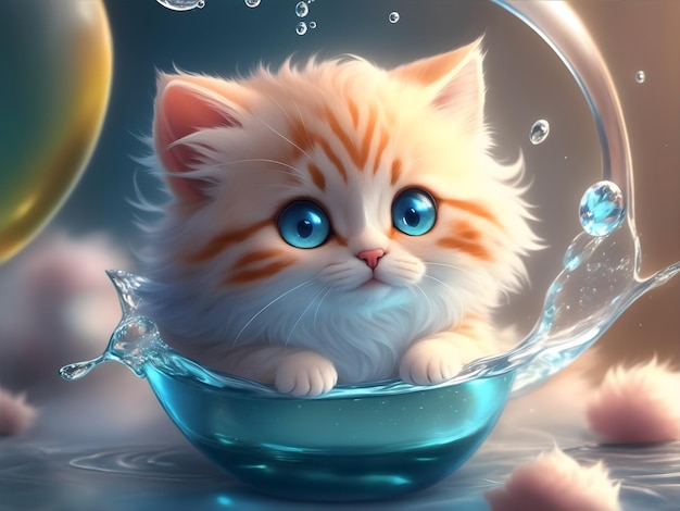 Cute little fluffy cat chibi character in the magic water