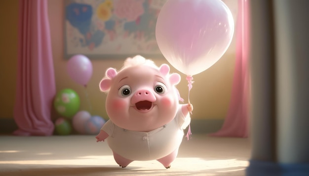 A cute little fluffy cute pixer style white pig holding a pink balloon generative AI