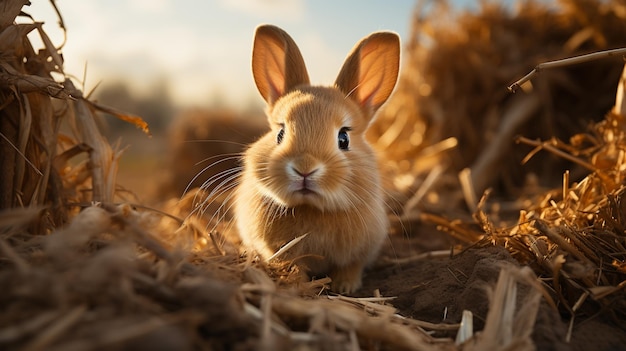 cute little fluffy rabbit in the hay