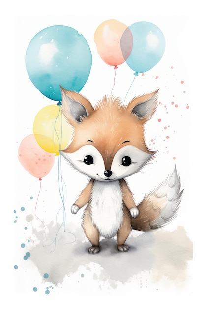 Cute little fox with balloons isolated on white background