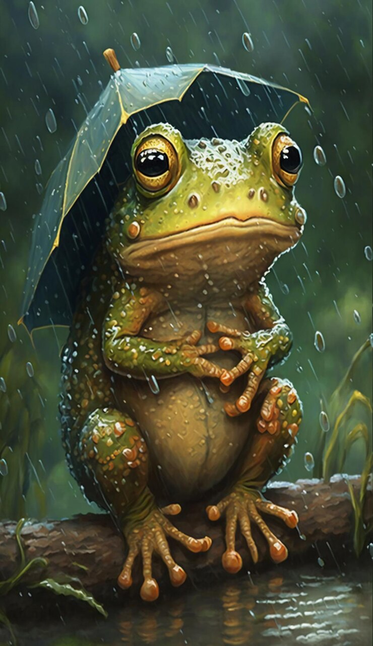 Premium Photo | A cute little frog in the rain cartoon style