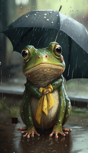 A cute little frog in the rain cartoon style