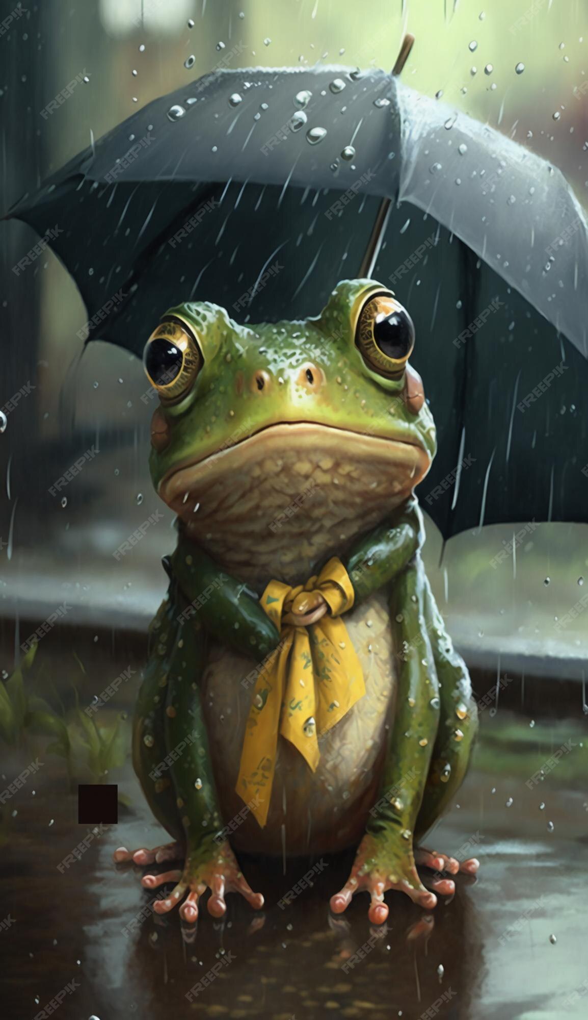 Premium Photo | A cute little frog in the rain cartoon style