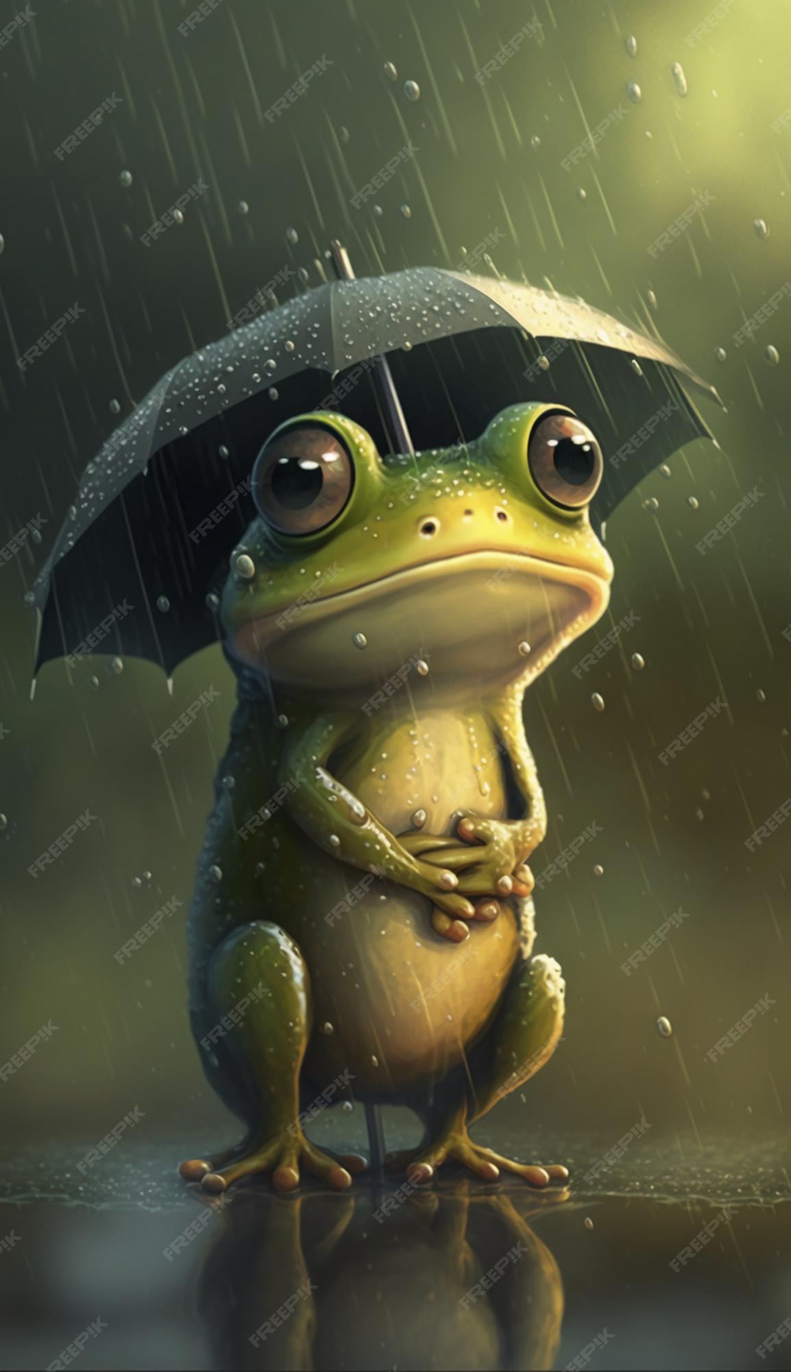 Premium Photo | A cute little frog in the rain cartoon style