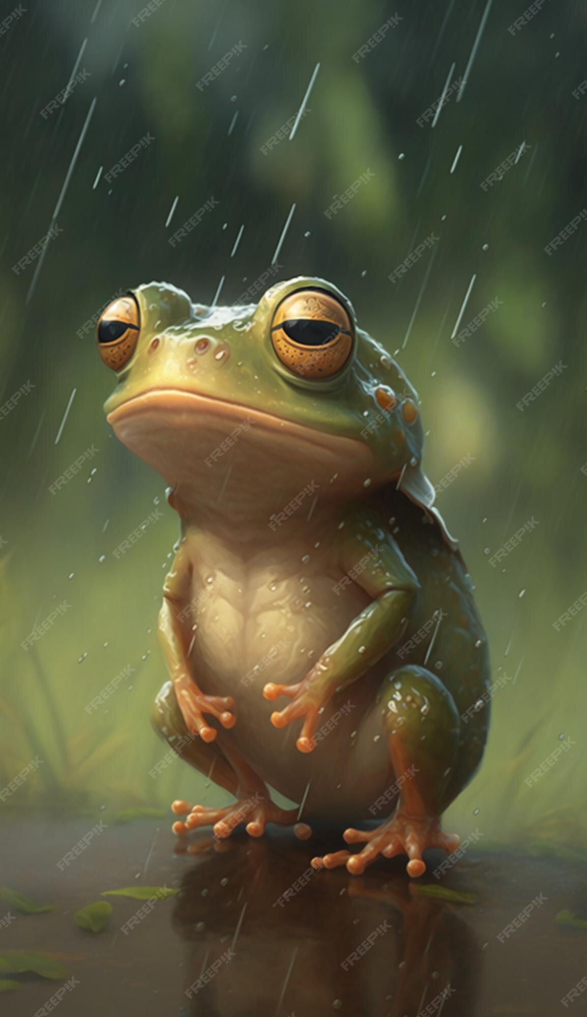 Premium Photo A cute little frog in the rain cartoon style