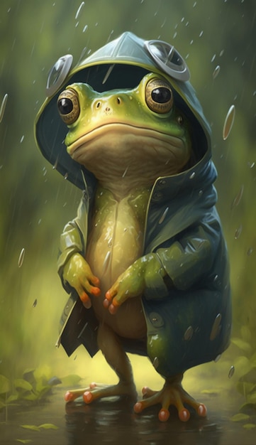 Premium Photo | A cute little frog in the rain cartoon style