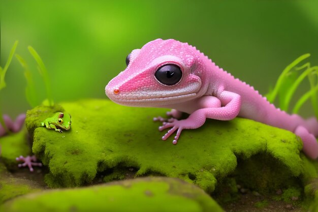 A cute little gecko with a pink head sits on a green mossy rock generated ai
