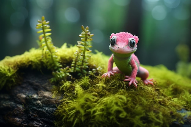 A cute little gecko with a pink head sits