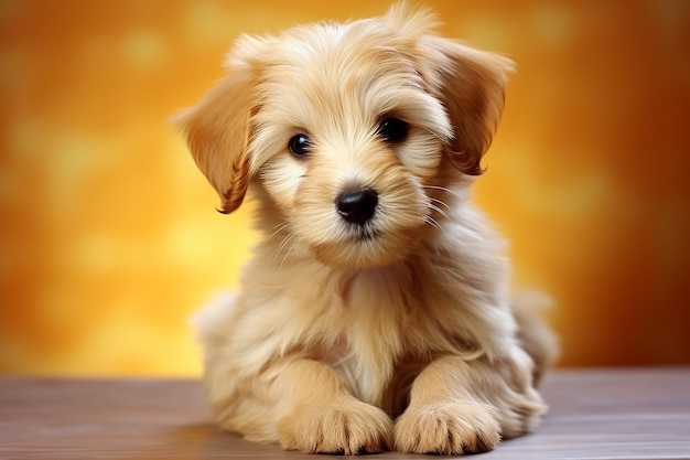 Cute little ginger dog lying on wooden floor and looking at camera