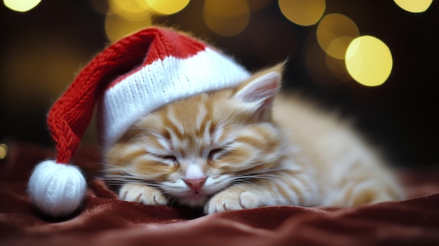 Foto piccolo gatto rosso in cappello rosso di babbo natale che dorme sullo sfondo di natale