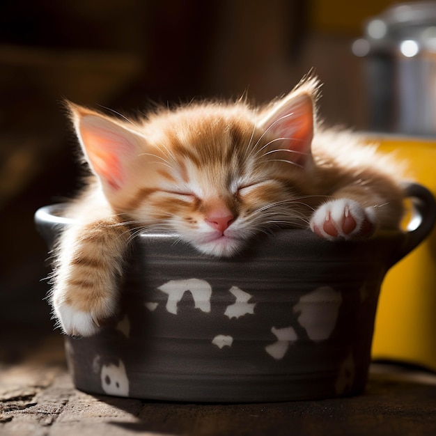 Cute little ginger kitten sleeping in a cup on the table