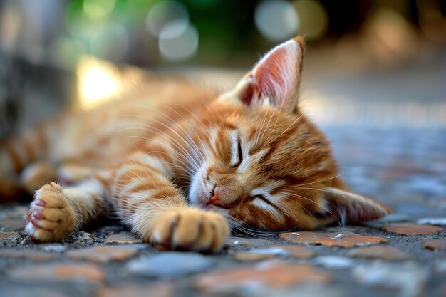 땅 위에서 자고 있는 귀여운 작은 홍색 고양이 클로즈업
