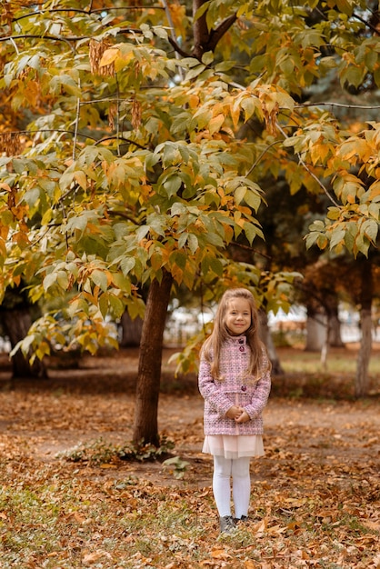 Cute little girl 5 years old with autumn orange leaves in autumn in the park