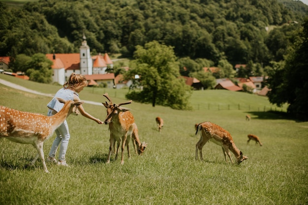 Cute little girl among reindeer herd on the sunny day