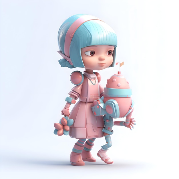 우주 비행사 의상을 입은 귀여운 소녀 만화 캐릭터 3D 렌더링