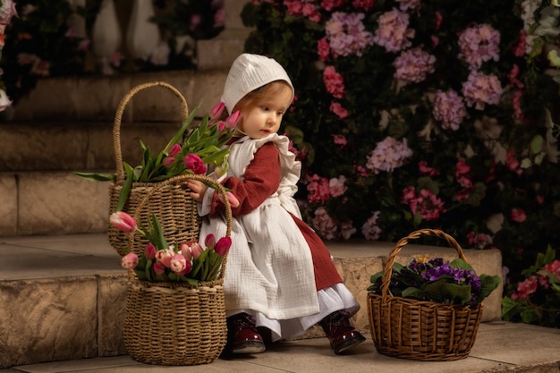 A cute little girl in a beautiful dress collects bouquets of tulips in baskets