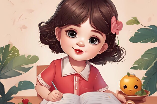 Cute little girl child homework illustration ai generative art