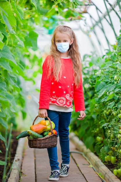 Cute little girl collects crop cucumbers and tomatos in greenhouse