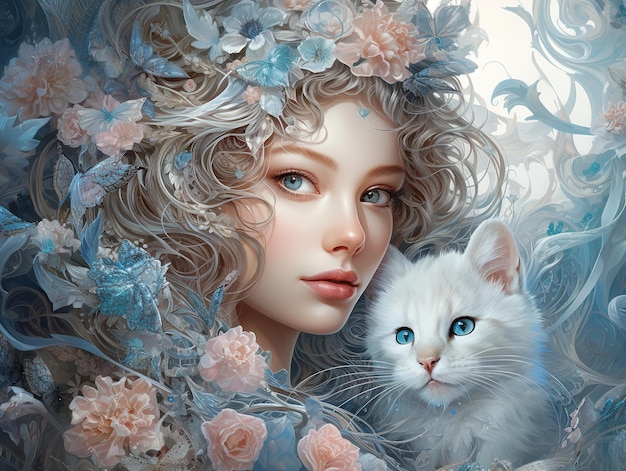귀여운 소녀와 귀여운 고양이 그림