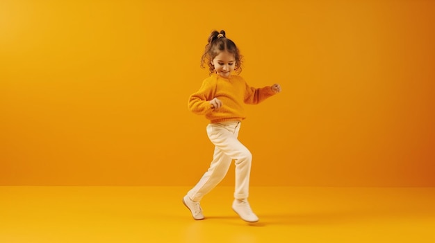 cute little girl dancing on a yellow background made by generative AI