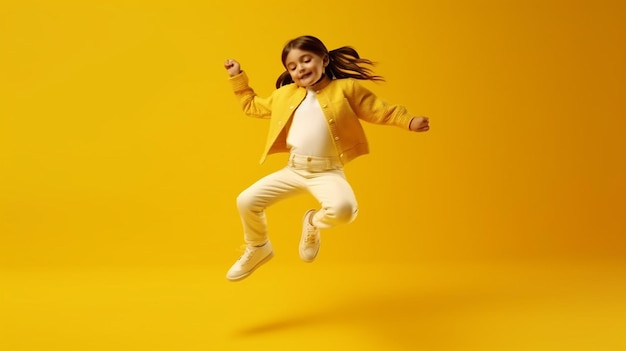 Cute little girl dancing on a yellow background made by generative ai