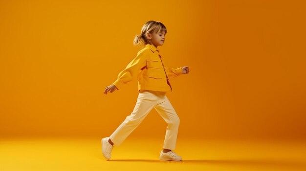 Cute little girl dancing on a yellow background made by generative ai