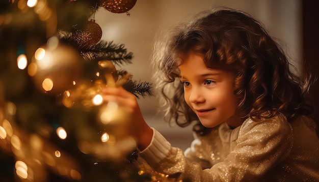 cute little girl decorating the Christmas tree in the evening with a garland and balls