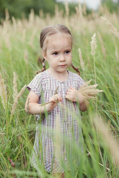 A cute little girl in a dress on a wheat field with spikelets in summer, holding a bouquet of spikelets in her hands and looking away with a sad look.