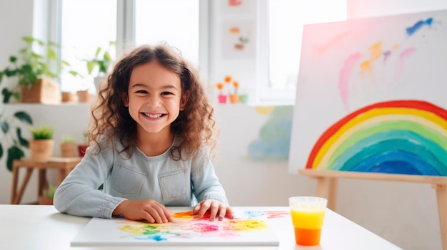 Cute little girl drew a rainbow