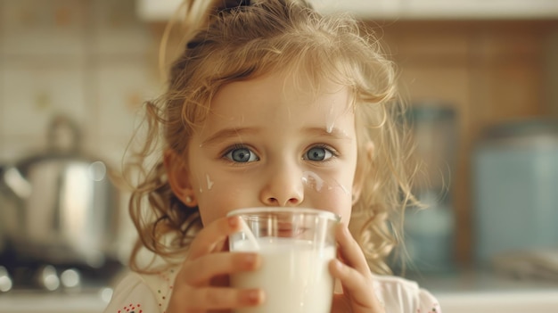 cute little girl drinking milk in the kitchen