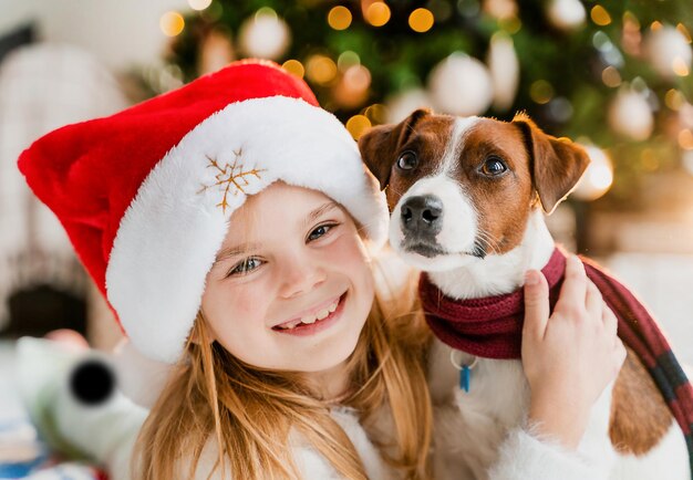 彼女の犬と一緒にクリスマスの時間を楽しんでいるかわいい女の子