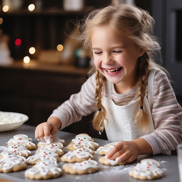 Cute little girl excitedly decorating snowman cookies with frosting