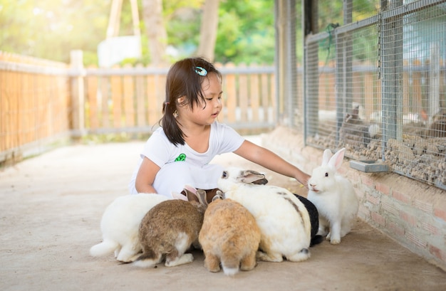 Cute little girl feeding rabbit on the farm