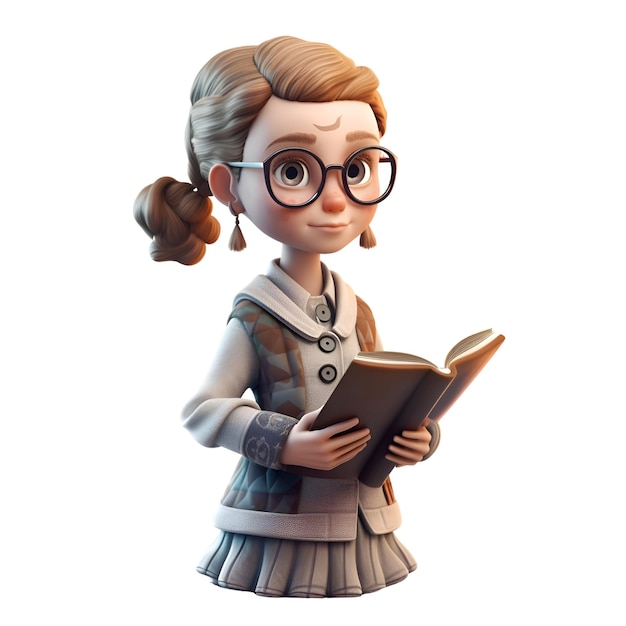 Cute little girl in glasses reading a book 3d rendering