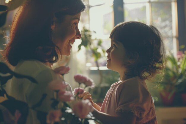 写真 cute little girl greeting her mother at home mothers day concept