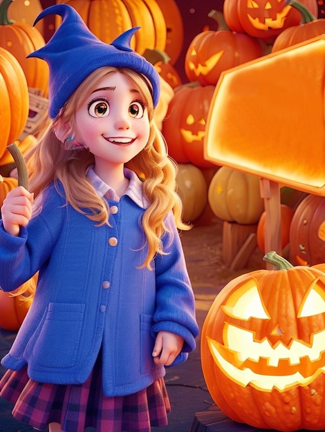 Cute little girl in halloween costume with pumpkins