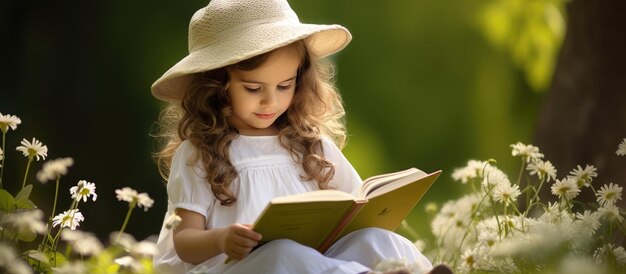 A cute little girl in a hat sits on the grass among flowers and reads a book on a picnic in nature