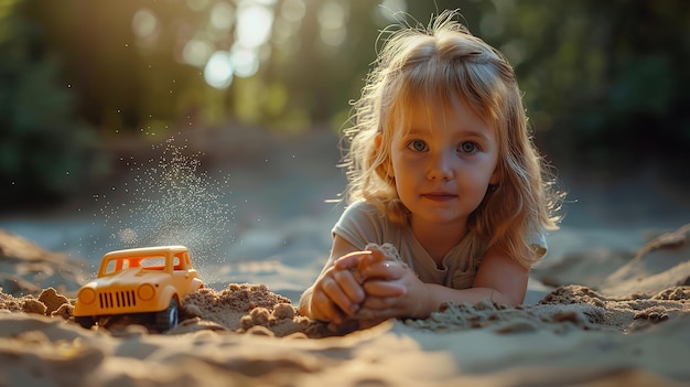 Cute little girl having fun with sand and a car Generative Ai