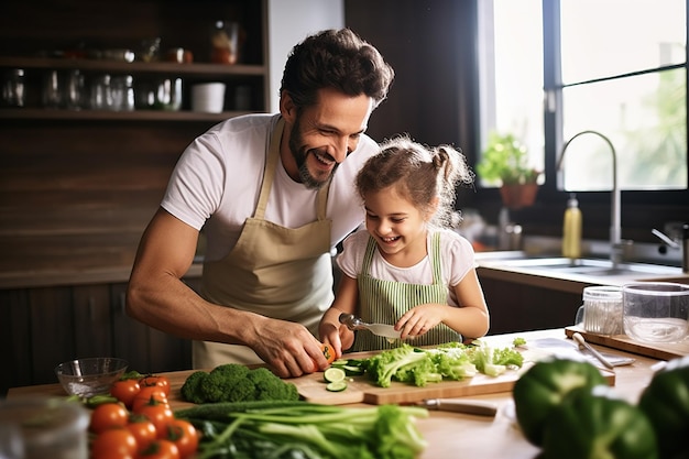 Cute Little Girl Helping Father Prepare Salad Generative By Ai